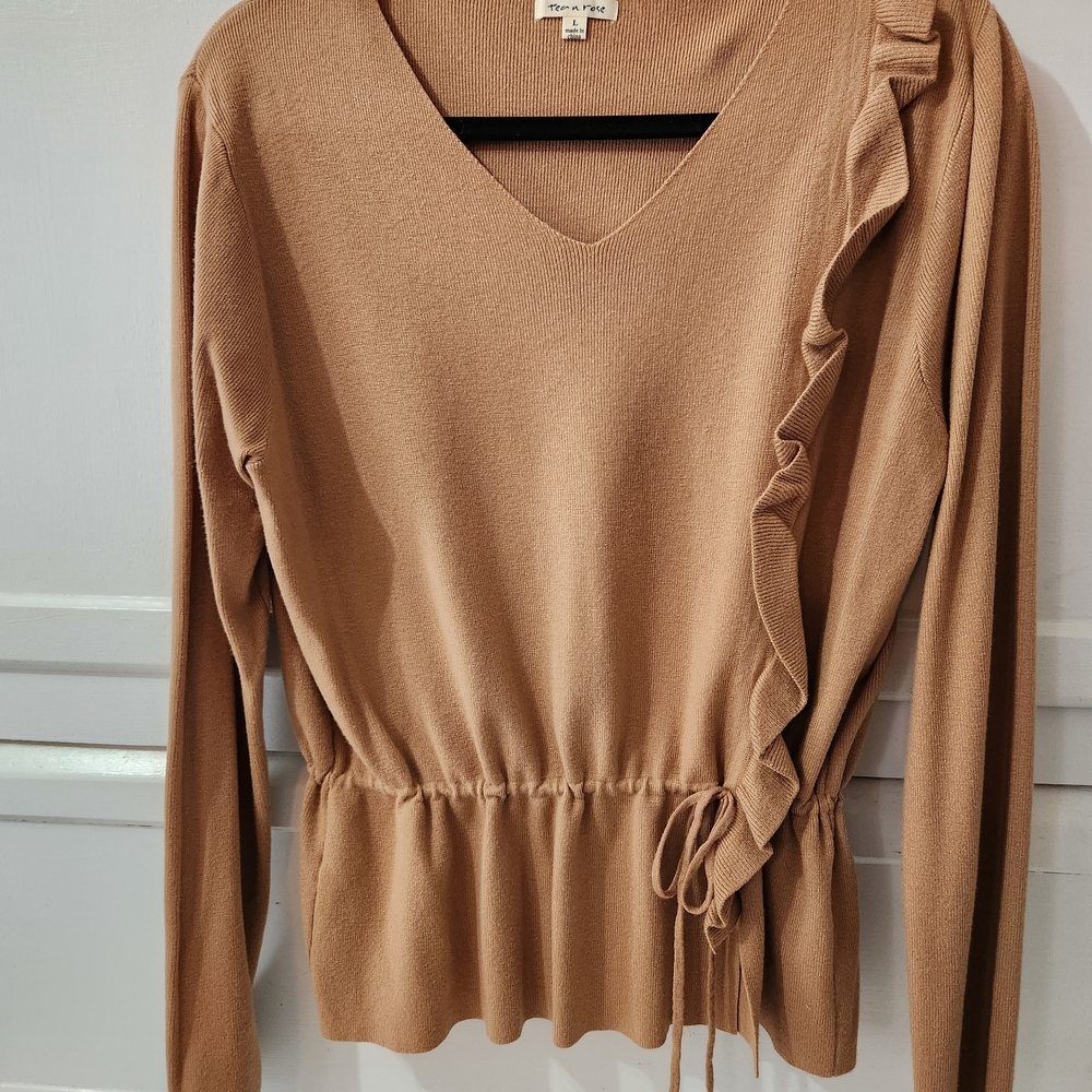 Zara Camel Ruffled V-Neck Sweater
